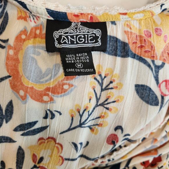 Angie Boho Floral Flutter Sleeve Smocked Faux Wrap Mini Dress Orange Medium - Picture 8 of 9